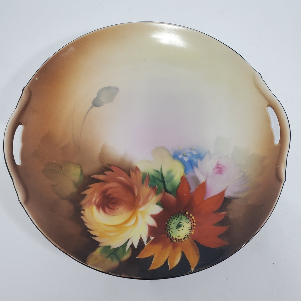 Noritake‎ Hand Painted Floral Cake Plate Vintage Tan Orange Flowers Handles